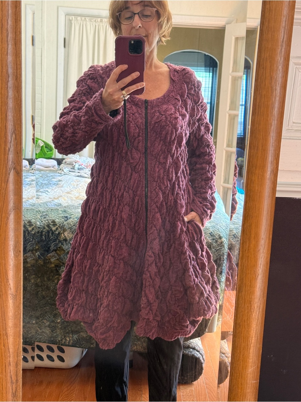Women's Plush Textured Zip-Front Cardigan Jacket - Plum